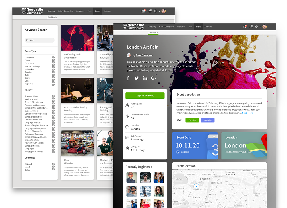 event-promotions-ui-web alumni engagement software showing interaction with london art fair