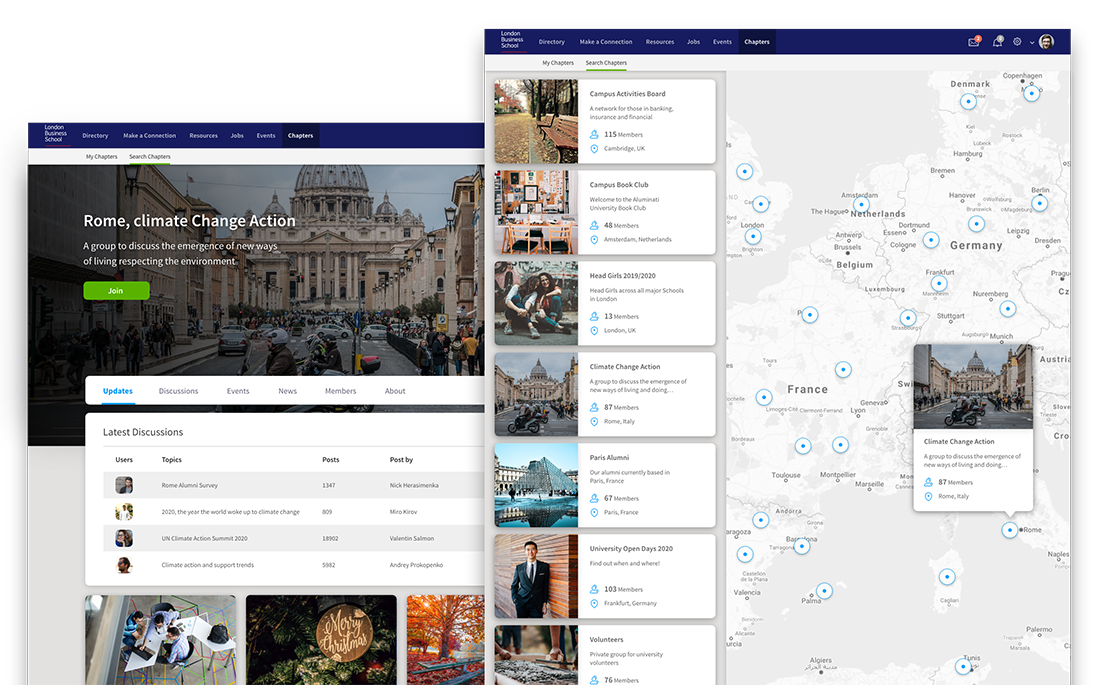 an alumni engagement software platform screenshot of a map